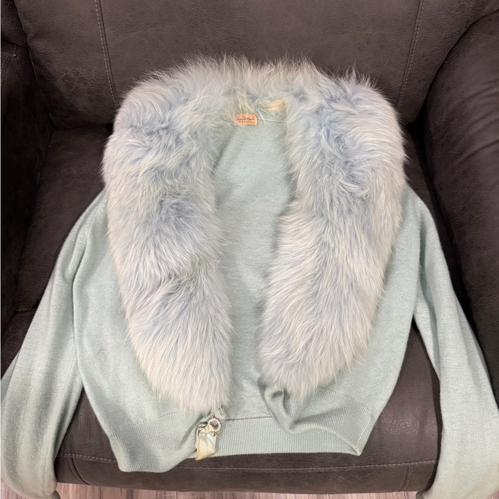 Light Blue Sweater with Faux Fur Collar